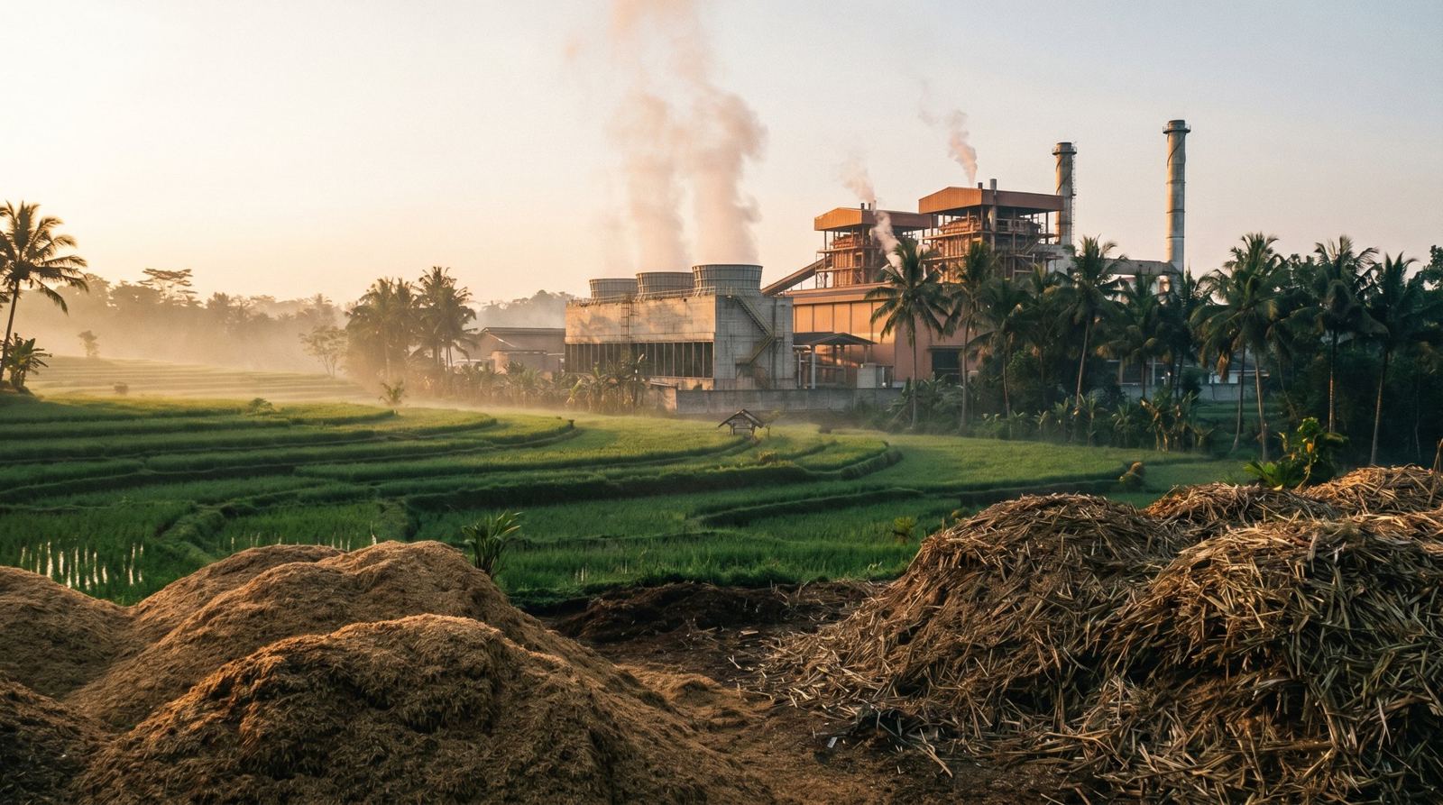 Biomass power plant among rice fields at sunrise