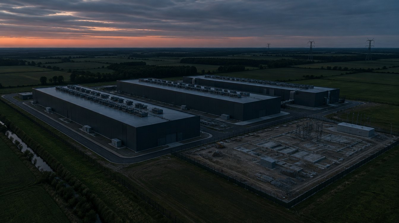 A finished data centre campus sitting dark at dusk, with transmission towers on the horizon