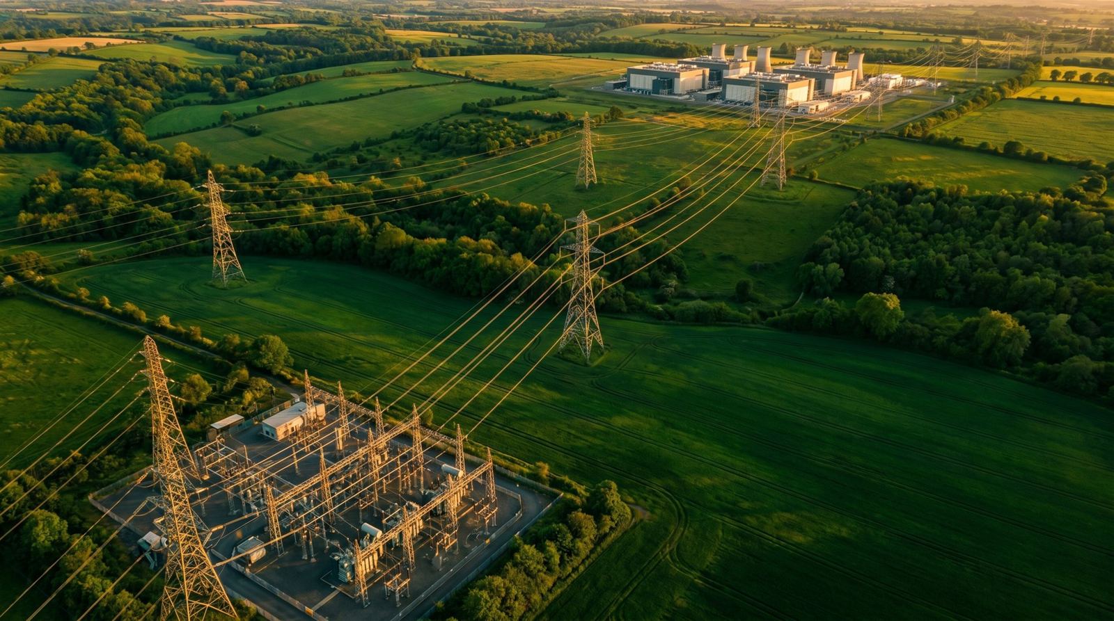 Aerial view of transmission towers and a substation near a data center campus