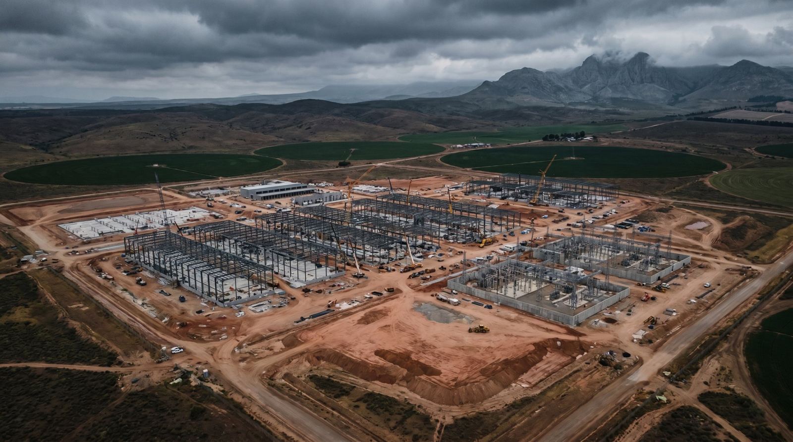 Aerial view of a hyperscale data center campus under construction