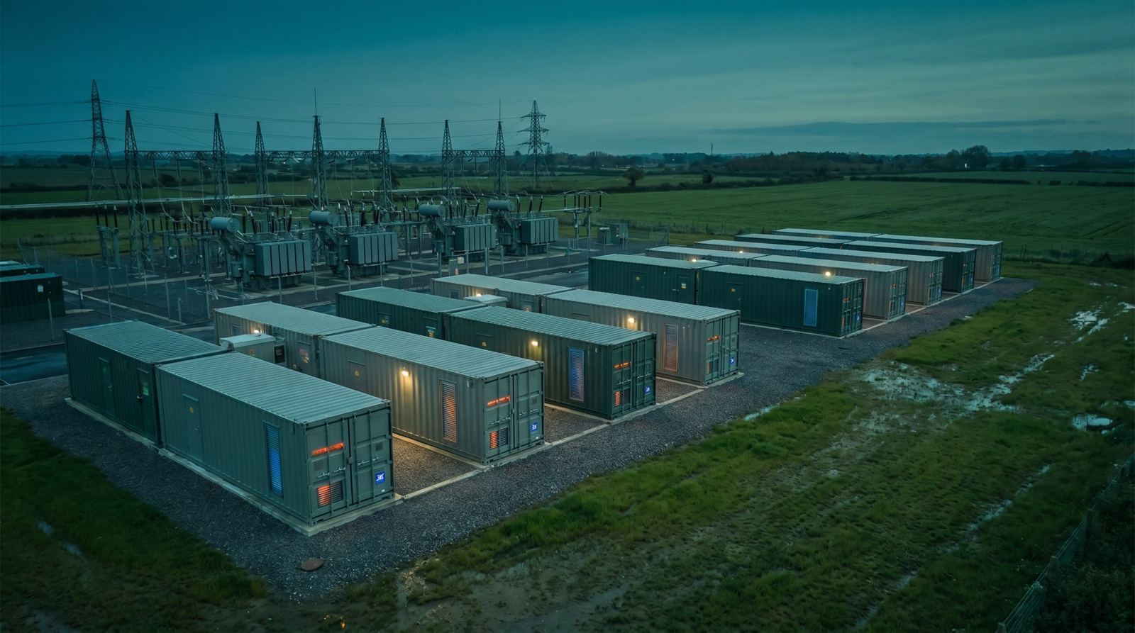 Modular data center units beside a power facility at dusk