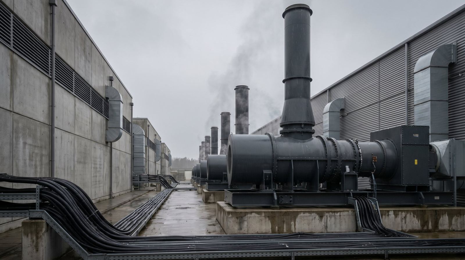 Industrial gas turbine generators beside data center buildings